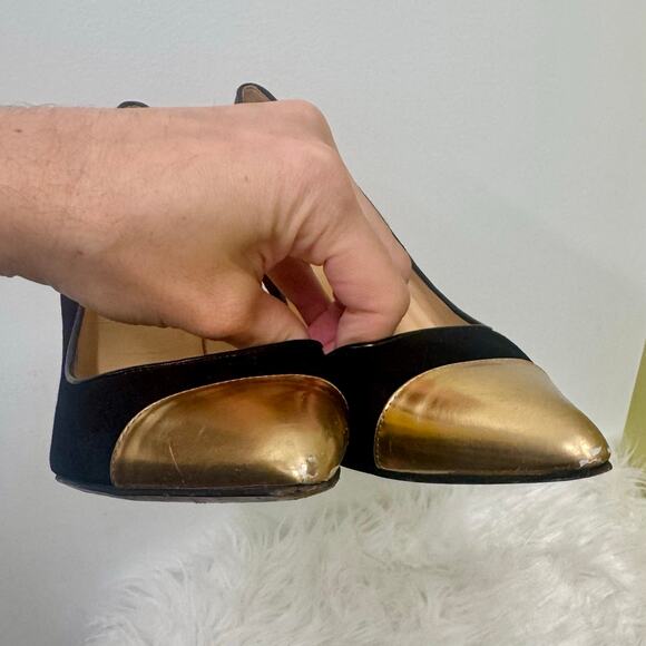 Kate Spade Black Suede Gold Cap Toe Pointy Pumps Womens Sz 6.5B Party Fancy - Picture 8 of 16